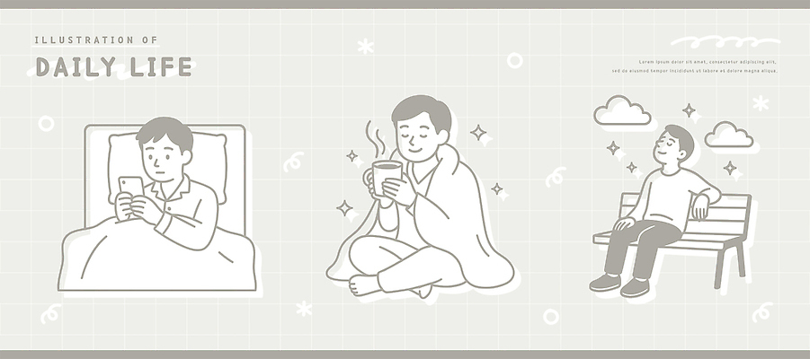 남자 음료 벤치 일러스트 모션 생명 휴식 앉기 취미 일상 생활 스마트폰 방 침대 표현 시간 그리기 편안함 담요 즐거움 국내일러스트 AI파일 감정 가구 컨셉 의자 사람 라이프 핸드폰 스마트기기 감각 파일형식 벡터
