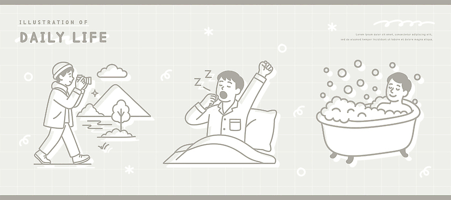 라이프스타일 일러스트 요가 모션 자연 아침 휴가 휴식 산 스트레스 욕조 건강 사람 풍경 취미 일상 생활 물 목욕 침대 명상 기지개 국내일러스트 AI파일 주간 자연요소 웰빙 가구 컨셉 라이프 청결 생태계 파일형식 벡터