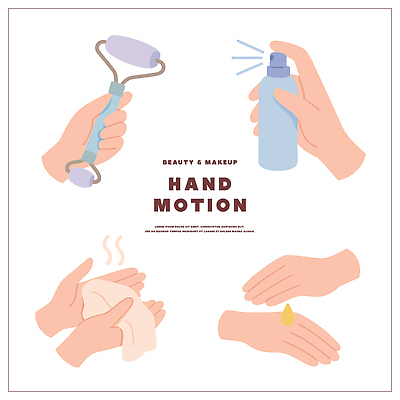 손 일러스트 관리 손짓 화장 뷰티 세수 상품 피부 준비 스프레이 롤러 손질 스킨케어 과정 방법 국내일러스트 AI파일 컨셉 모션 신체부위 청결 파일형식 벡터