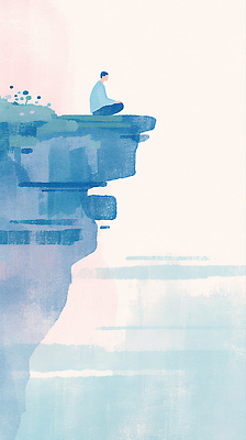 JPG 남자 감정 바다 생각 일러스트 자연 하늘 풍경 평화 고요 절벽 시간 고독 집중 명상 조용 비경 국내일러스트 AI일러스트 AI콘텐츠 컨셉 사람 생태계 파일형식