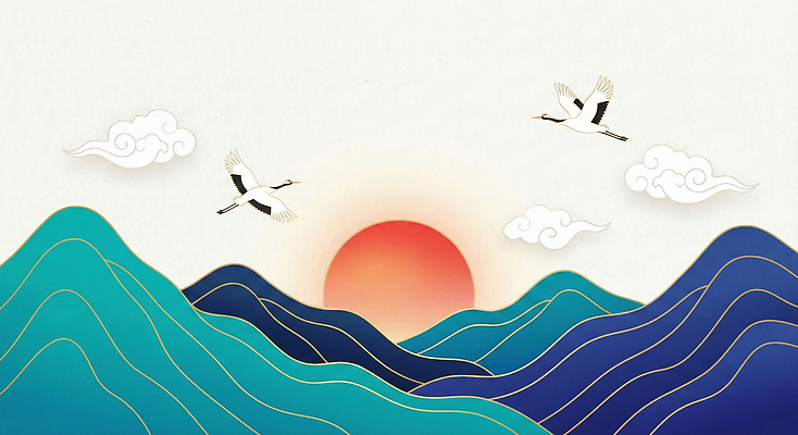 JPG 전통 명절 물결 백그라운드 두마리 일러스트 자연 하늘 새해 산 풍경 파란색 태양 일출 학 비행 그림 수평선 국내일러스트 AI일러스트 AI콘텐츠 자연요소 기념일 컬러 2 조류 노을 생태계 파일형식