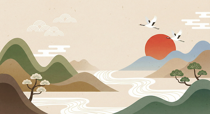 JPG 나무 전통 명절 예술 컬러 여행 백그라운드 일러스트 자연 하늘 새해 산 풍경 강 노을 고요 비행 수면 그림 조화 기러기 국내일러스트 AI일러스트 AI콘텐츠 자연요소 식물 기념일 조류 물 생태계 파일형식