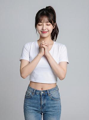 JPG 전신 모델 편집이미지 손 옷 여자 패션 티셔츠 새해 미소 흰색 청바지 결심 포니테일 의료성형뷰티 스타일 편집실사 헤어스타일 컬러 컨셉 셔츠 바지 표정 사람 신체부위 CG 파일형식