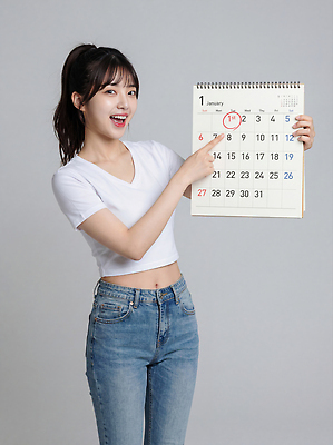 JPG 편집이미지 손 옷 여자 포즈 티셔츠 새해 실내 미소 사람 달력 청바지 가리킴 날짜 결심 1월 의료성형뷰티 스타일 편집실사 컨셉 셔츠 바지 표정 손짓 내부 신체부위 CG 파일형식