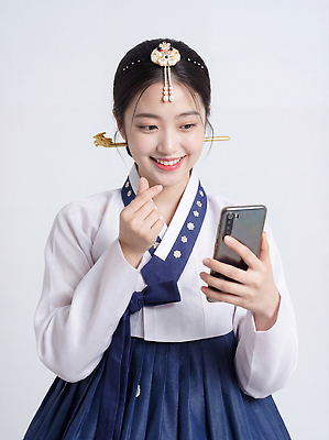 JPG 편집이미지 전통 옷 여자 명절 감정 문화 장신구 새해 한국 실내 미소 생활 스마트폰 스크린 촬영 한복 소통 의료성형뷰티 편집실사 한국전통 기념일 아시아 컨셉 표정 사람 내부 핸드폰 스마트기기 전통의상 CG 파일형식