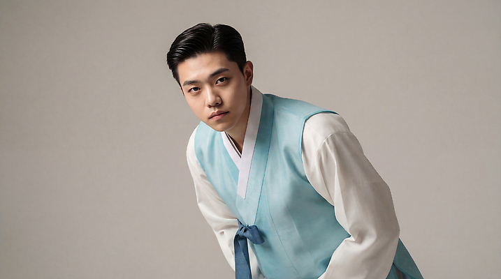 JPG 편집이미지 전통 옷 패션 명절 남자 새해 한국 파란색 머리 촬영 한복 집중 단정 의료성형뷰티 스타일 편집실사 한국전통 기념일 아시아 컬러 컨셉 사람 신체부위 전통의상 CG 파일형식