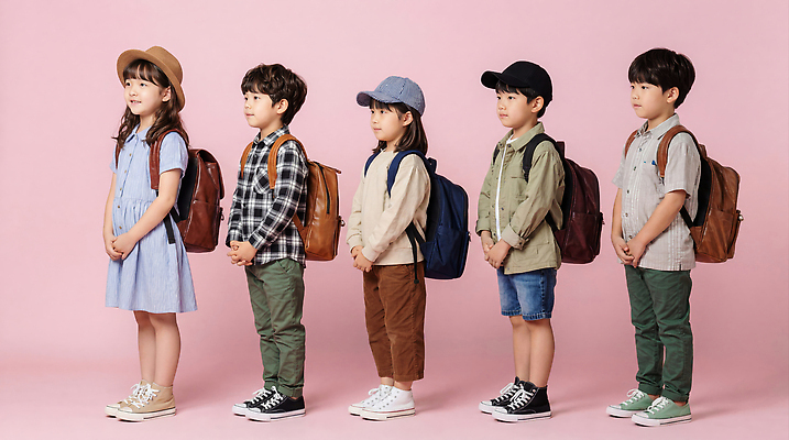 JPG 편집이미지 패션 초등학생 어린이 가방 학교 방학 일상 준비 등교 일렬 의료성형뷰티 분홍색배경 편집실사 AI인물포토 AI콘텐츠 학생 잡화 교육 분홍색 백그라운드 휴가 사람 라이프 CG 등하교 파일형식 AI포토