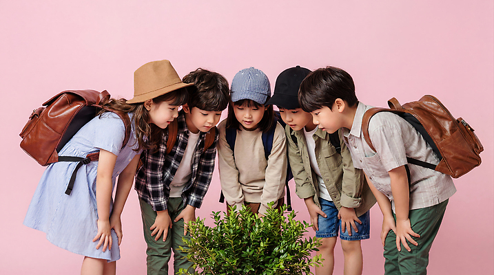 JPG 식물 편집이미지 초등학생 어린이 분홍색 백그라운드 가방 모션 자연 학습 소풍 관찰 그룹 호기심 흥미 의료성형뷰티 편집실사 AI인물포토 AI콘텐츠 학생 잡화 교육 감정 컬러 컨셉 사람 야외활동 CG 생태계 파일형식 AI포토