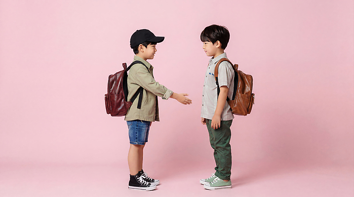 JPG 편집이미지 손 옷 초등학생 어린이 분홍색 백그라운드 배낭 모션 대화 서기 친구 만남 의료성형뷰티 편집실사 AI인물포토 AI콘텐츠 학생 컬러 컨셉 가방 관계 말하기 사람 신체부위 CG 파일형식 AI포토