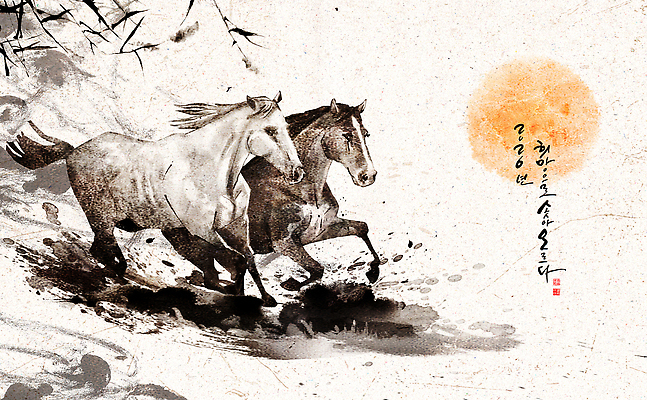 자연요소 컨셉 포유류 모션 문화예술 새해 미술 십이지신 말_동물 동양화 파일형식 2026년 달 그림 달리기 한국화 동물 예술 전통 역동적 힘 속도 붓 표현 백그라운드 수묵화 작품 문화 PSD 일러스트 국내일러스트 붉은말 말띠 병오년 근하신년