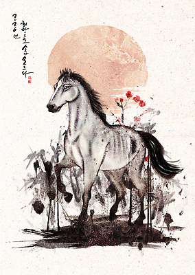 PSD 동물 전통 꽃 예술 백그라운드 일러스트 근하신년 새해 잉크 수묵화 서기 회색 표현 붓 말_동물 동양화 그림 매화 말띠 한국화 뷰티풀 2026년 국내일러스트 병오년 붉은말 식물 컬러 포유류 모션 미술 십이지신 연도 파일형식