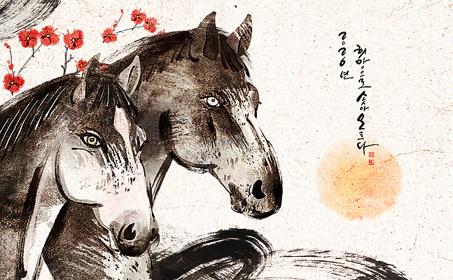 모양 PSD 동물 문화 예술 선 컬러 백그라운드 두마리 일러스트 자연 근하신년 새해 한국 이야기 태양 벚꽃 말_동물 그림 말띠 한국화 나란히 뷰티풀 국내일러스트 병오년 붉은말 자연요소 꽃 아시아 2 포유류 십이지신 동양화 생태계 파일형식 2026년