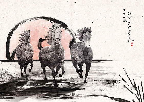 자연요소 한국전통 아시아 포유류 모션 새해 건강 말하기 노을 십이지신 말_동물 생태계 파일형식 2026년 달리기 풍경 자연 태양 그림 일출 동물 서예 문화 한국 수채화 초원 힘 조화 속도 운동 생명 회화 PSD 일러스트 국내일러스트 붉은말 말띠 병오년 근하신년