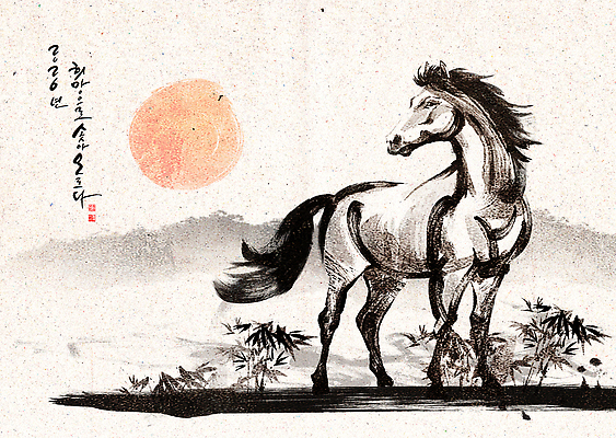 자연요소 아시아 포유류 문화예술 새해 미술 십이지신 말_동물 동양화 파일형식 2026년 수묵화 한국화 전통 그림 달 초원 동물 한국 예술 산 백그라운드 붓 잉크 수채화 스케치 윤곽 묘사 PSD 일러스트 국내일러스트 붉은말 말띠 병오년 근하신년