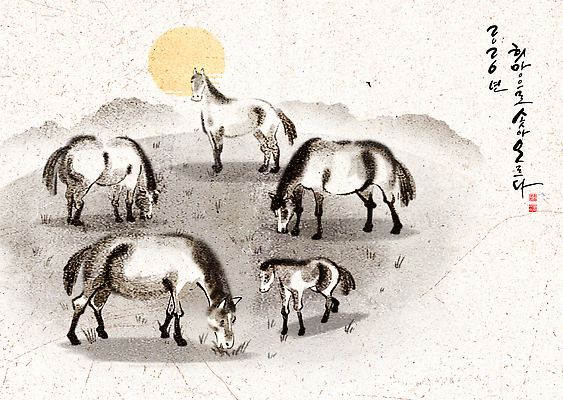 PSD 동물 전통 아시아 문화 예술 백그라운드 일러스트 근하신년 새해 산 한국 수묵화 미술 태양 말_동물 동양화 언덕 그림 말띠 한국화 국내일러스트 병오년 붉은말 자연요소 나라 포유류 문화예술 십이지신 파일형식 2026년