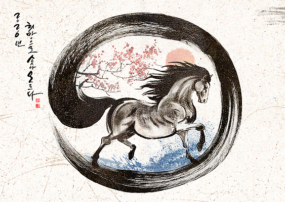 자연요소 도형 꽃 아시아 포유류 모션 새해 십이지신 말_동물 생태계 파일형식 2026년 그림 벚꽃 태양 원형 전통 예술 달리기 풍경 동물 선 자연 뷰티풀 컬러 백그라운드 한국 표현 전시 PSD 일러스트 국내일러스트 붉은말 말띠 병오년 근하신년