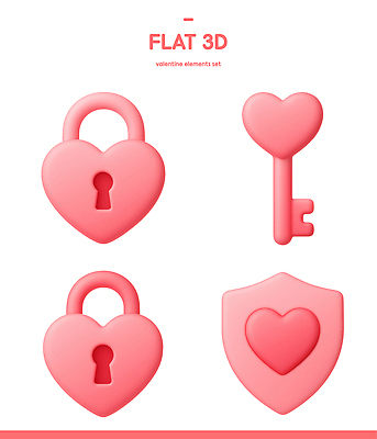 PSD 아이콘 디자인 상징 분홍색 열쇠 발렌타인데이 사랑 그래픽 장식 3D아이콘 3D 하트 보안 방패 모양 감정 컬러 데이이벤트 안전 디지털합성 파일형식