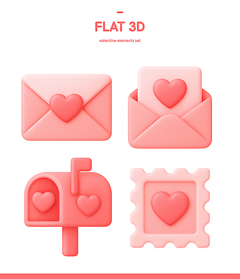PSD 아이콘 디자인 분홍색 봉투 발렌타인데이 사랑 그래픽 장식 세트 3D아이콘 3D 우체통 하트 표현 편지 우표 모양 감정 컬러 데이이벤트 디지털합성 파일형식