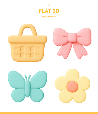 모양 도형 PSD 아이콘 디자인 꽃 리본 컬러 나비 그래픽 세트 3D아이콘 3D 바구니 봄 플랫 식물 계절 곤충 디지털합성 파일형식