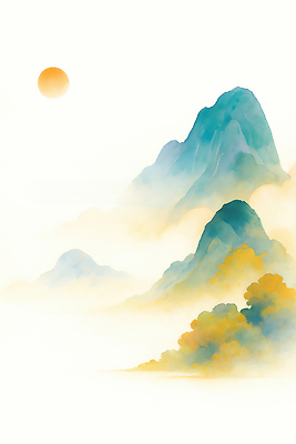 JPG 일러스트 자연 아침 수채화 산 밝음 미술 풍경 파란색 태양 일출 기운 수증기 그림 멀리 조화 평면 국내일러스트 AI일러스트 AI콘텐츠 주간 자연요소 컬러 문화예술 노을 생태계 파일형식