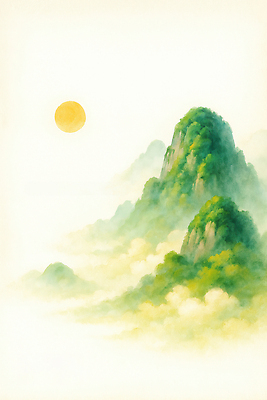 JPG 예술 일러스트 자연 하늘 수채화 산 풍경 초록색 세계 태양 일출 고요 표현 그림 조화 뷰티풀 색채 영감 전경 국내일러스트 AI일러스트 AI콘텐츠 자연요소 컬러 노을 생태계 파일형식 탑뷰