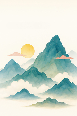 JPG 예술 일러스트 자연 하늘 아침 수채화 산 그림자 풍경 장식 파란색 태양 일출 일몰 저녁 그림 뷰티풀 산맥 국내일러스트 AI일러스트 AI콘텐츠 주간 자연요소 컬러 노을 야간 생태계 파일형식