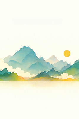 JPG 주간 컬러 일러스트 자연 하늘 산 밝음 그림자 풍경 초록색 태양 일출 고요 공간 땅 그림 조화 수평선 산맥 국내일러스트 AI일러스트 AI콘텐츠 자연요소 노을 생태계 파일형식