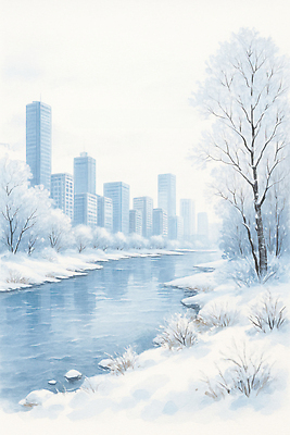 JPG 나무 전통 겨울 일러스트 자연 눈사람 풍경 건물 물 강 환경 얼음 흐름 흰색 도시 차가움 강가 조경 눈덮임 국내일러스트 AI일러스트 AI콘텐츠 자연요소 식물 건축물 계절 컬러 컨셉 생태계 파일형식
