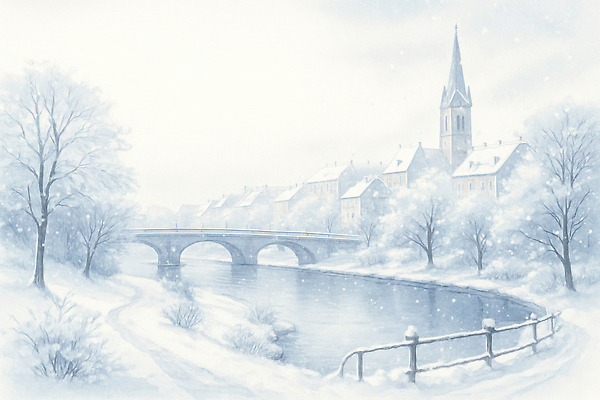 JPG 나무 호수 겨울 일러스트 자연 수채화 풍경 건물 강 교회 흰색 도시 수면 풍경화 눈내림 눈덮임 국내일러스트 AI일러스트 AI콘텐츠 식물 건축물 계절 컬러 컨셉 종교건축 눈_날씨 물 그림 생태계 파일형식