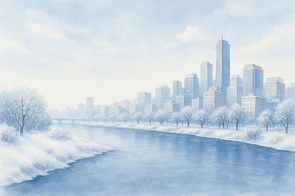 JPG 나무 겨울 일러스트 자연 하늘 눈꽃 풍경 빌딩 건물 물 강 도시풍경 도시 차가움 수로 눈덮임 국내일러스트 AI일러스트 AI콘텐츠 자연요소 식물 건축물 계절 컨셉 눈_날씨 생태계 파일형식