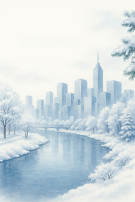 JPG 나무 건축물 여행 설경 겨울 일러스트 자연 하늘 서울 풍경 물 강 고층빌딩 탐험 도시 대도시 기온 눈덮임 국내일러스트 AI일러스트 AI콘텐츠 자연요소 식물 계절 건축 컨셉 날씨 한국 빌딩 생태계 파일형식