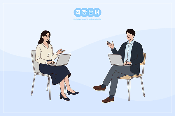 여자 남자 의자 일러스트 회의 협력 아이디어 직장 이야기 대화 협상 사람 노트북 사무실 공간 거래 업무 작업 직장인 비즈니스맨 비즈니스우먼 소통 국내일러스트 AI파일 직업 가구 컨셉 회사 비즈니스 말하기 전자제품 파일형식 벡터