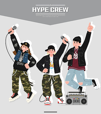 패션 문화 음악 일러스트 모션 청소년 거리 힙합 청춘 공연 에너지 무대 춤 도시 그룹 마이크 소음 퍼포먼스 리듬 아티스트 스타일 국내일러스트 AI파일 직업 음향기기 컨셉 문화예술 사람 이벤트 소리 파일형식 벡터