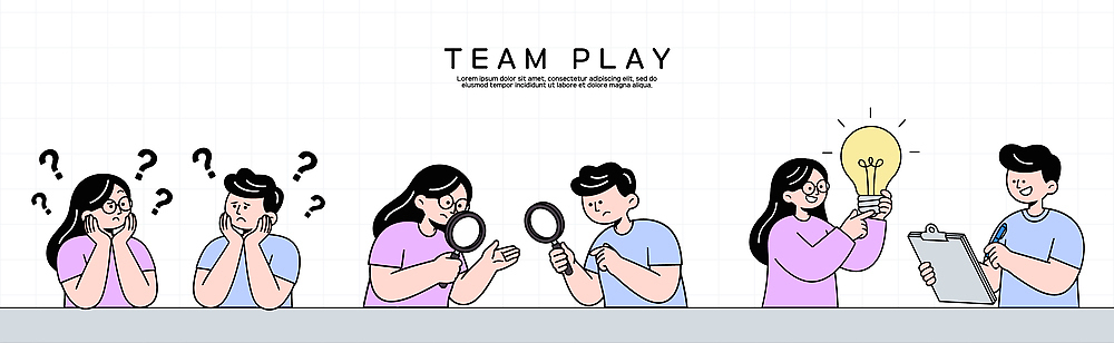 생각 일러스트 모션 협력 아이디어 실험 여러명 도구 관찰 그룹 결과 계획 토론 고민 발견 문제해결 시도 제안 국내일러스트 AI파일 감정 다수 컨셉 사람 파일형식 벡터