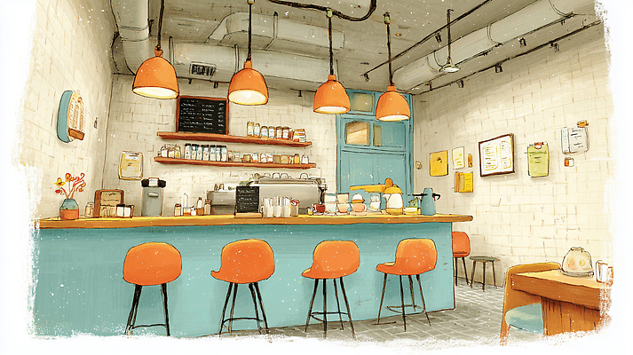 JPG 커피 음료 음식 의자 일러스트 아침 조명 선반 따뜻함 대화 인테리어 주방 공간 카페 분위기 즐거움 소통 국내일러스트 AI일러스트 AI콘텐츠 주간 디자인 감정 가구 컨셉 말하기 상점 파일형식