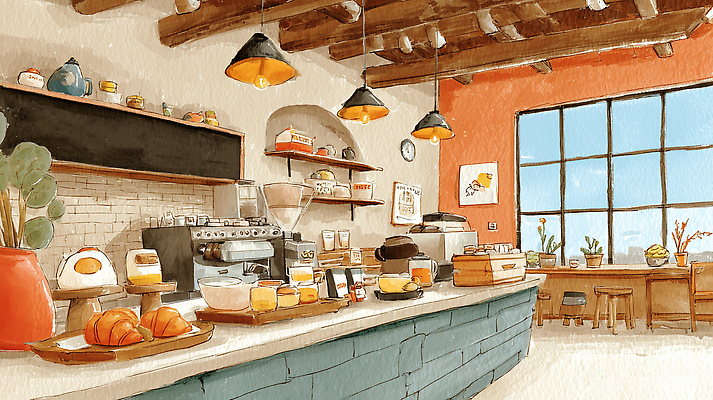 JPG 커피 음료 음악 빵 의자 일러스트 창문 탁자 아침 대화 내부 일상 빛 식사 전시 카페 편안함 고객 바리스타 국내일러스트 AI일러스트 AI콘텐츠 주간 직업 음식 가구 문화예술 말하기 라이프 상점 감각 파일형식