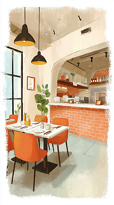 디자인 음료 가구 생활용품 탁자 말하기 상점 감각 파일형식 카페 의자 주방 식사 주방용품 식탁 공간 조명 벽 식물 인테리어 대화 커피 고객 직원 편안함 JPG 일러스트 국내일러스트