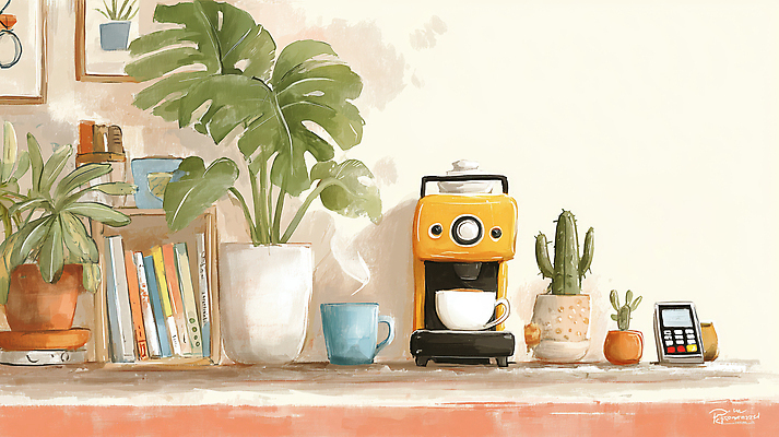 주간 식기 디자인 음료 가구 컨셉 라이프 상점 카페 생태계 커피용품 파일형식 주방 커피 커피메이커 식물 컵 아침 선반 차분 홈카페 인테리어 따뜻함 일상 휴식 생활 자연 JPG 일러스트 국내일러스트