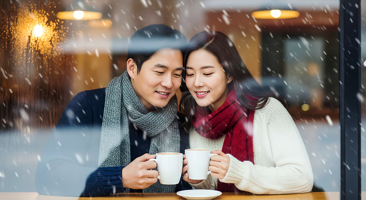 JPG 편집이미지 커플 커피 음료 겨울 데이트 날씨 따뜻함 대화 사랑 카페 분위기 창가 의료성형뷰티 편집실사 AI인물포토 AI콘텐츠 계절 감정 컨셉 창문 관계 말하기 상점 CG 파일형식 AI포토