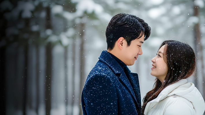 JPG 나무 편집이미지 커플 행복 감정 겨울 자연 눈사람 대화 사랑 미소 사람 만남 숲 의료성형뷰티 편집실사 AI인물포토 AI콘텐츠 식물 계절 컨셉 관계 표정 말하기 CG 생태계 파일형식 AI포토