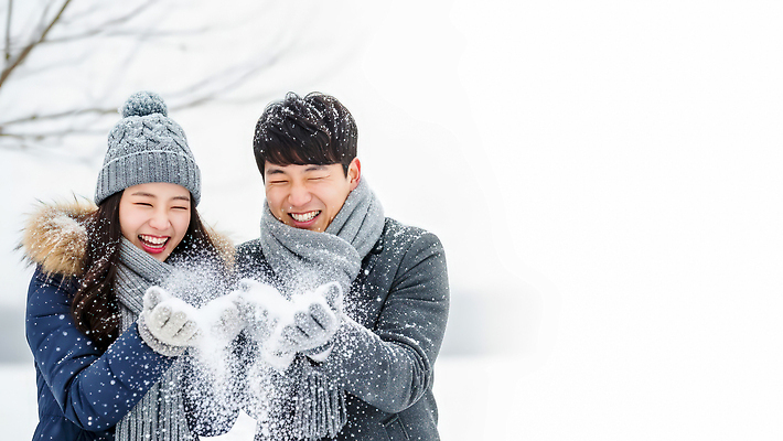 JPG 편집이미지 손 커플 계절 행복 겨울 놀이 웃음 두명 즐거움 외출 겨울옷 장면 흰눈 의료성형뷰티 편집실사 AI인물포토 AI콘텐츠 옷 감정 관계 눈_날씨 표정 사람 신체부위 CG 파일형식 AI포토