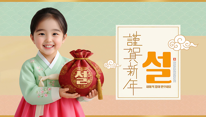 PSD 편집이미지 전통 명절 기념일 문화 어린이 가족 근하신년 새해 복주머니 한국 웃음 이벤트 설날 축하 아기 한복 의료성형뷰티 이미지편집 한국전통 아시아 컨셉 관계 전통소품 표정 사람 전통의상 파일형식
