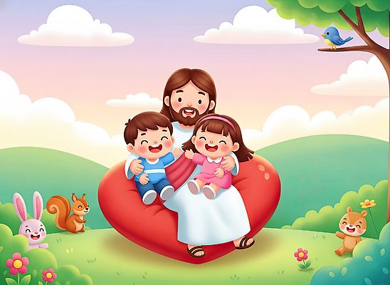 JPG 나무 동물 캐릭터 어린이 일러스트 가족 관계 자연 놀이 조류 하늘 함께함 사랑 웃음 앉기 평화 예수 즐거움 그림 조화 소통 국내일러스트 AI일러스트 AI콘텐츠 식물 감정 컨셉 모션 표정 사람 신_종교 생태계 파일형식