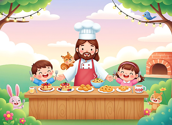 JPG 나무 동물 남자 어린이 음식 과일 일러스트 식탁 디저트 함께함 요리 웃음 쿠키 케이크 주방 요리사 예수 소시지 즐거움 국내일러스트 AI일러스트 AI콘텐츠 식물 직업 감정 컨셉 탁자 표정 사람 신_종교 가공식품 파일형식