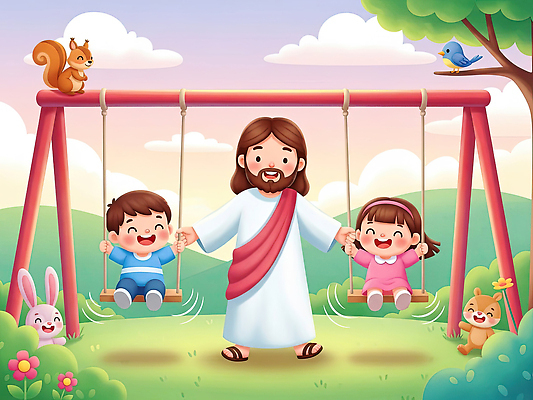 JPG 동물 행복 어린이 일러스트 가족 모션 자연 놀이 함께함 웃음 귀여움 예수 놀이기구 놀이터 그네 그림 목소리 놀기 국내일러스트 AI일러스트 AI콘텐츠 감정 컨셉 관계 표정 사람 신_종교 생태계 파일형식