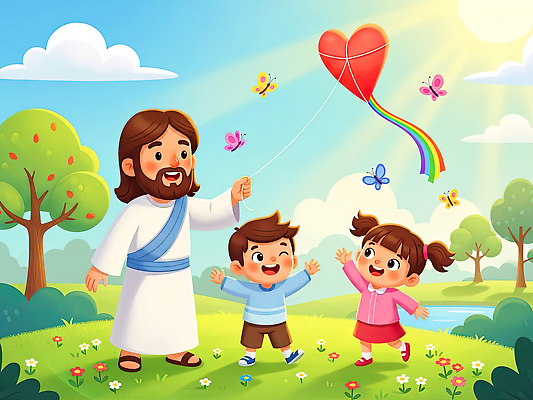 JPG 나무 꽃 행복 종교 어린이 일러스트 자연 놀이 하늘 함께함 사랑 웃음 풍경 기쁨 자유 마음 예수 즐거움 풍선 순간 동심 국내일러스트 AI일러스트 AI콘텐츠 식물 감정 컨셉 표정 사람 신_종교 생태계 파일형식