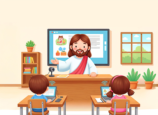 JPG 식물 학생 교육 어린이 일러스트 교실 모션 수업 커뮤니케이션 책장 함께함 기술 학습 컴퓨터 디지털 스크린 교양 예수 가르침 집중 진행 온라인강의 국내일러스트 AI일러스트 AI콘텐츠 가구 컨셉 학교 사람 전자제품 신_종교 강의 파일형식 언택트