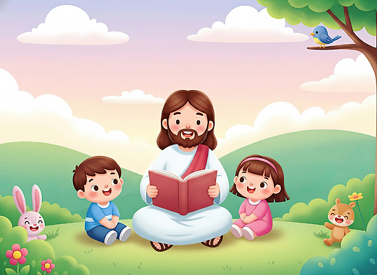 JPG 나무 동물 행복 어린이 컬러 백그라운드 일러스트 가족 모션 자연 하늘 함께함 이야기 초원 책 친구 귀여움 시간 예수 읽기 국내일러스트 AI일러스트 AI콘텐츠 식물 감정 컨셉 관계 사람 신_종교 생태계 파일형식