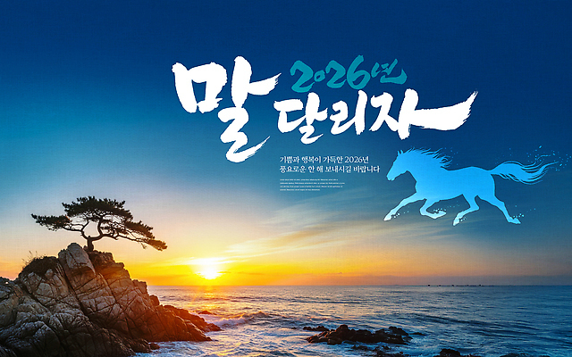 PSD 나무 편집이미지 포스터 바다 여행 자연 갈매기 새해 창조 풍경 해변 여름 태양 일출 일몰 말_동물 말띠 2026년 해수면 이미지편집 병오년 붉은말 자연요소 식물 계절 포유류 조류 노을 십이지신 연도 생태계 파일형식