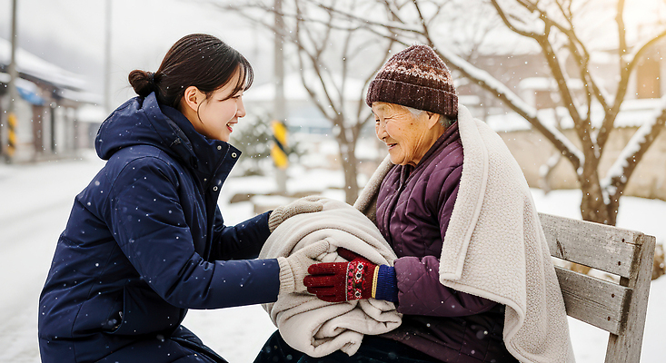 JPG 나무 편집이미지 공원 노년 겨울 벤치 친절 따뜻함 대화 라이프 재활용 도움 담요 기부 길가 의료성형뷰티 편집실사 AI인물포토 AI콘텐츠 식물 계절 공공시설 컨셉 의자 말하기 성인 생활 CG 친환경 파일형식 AI포토